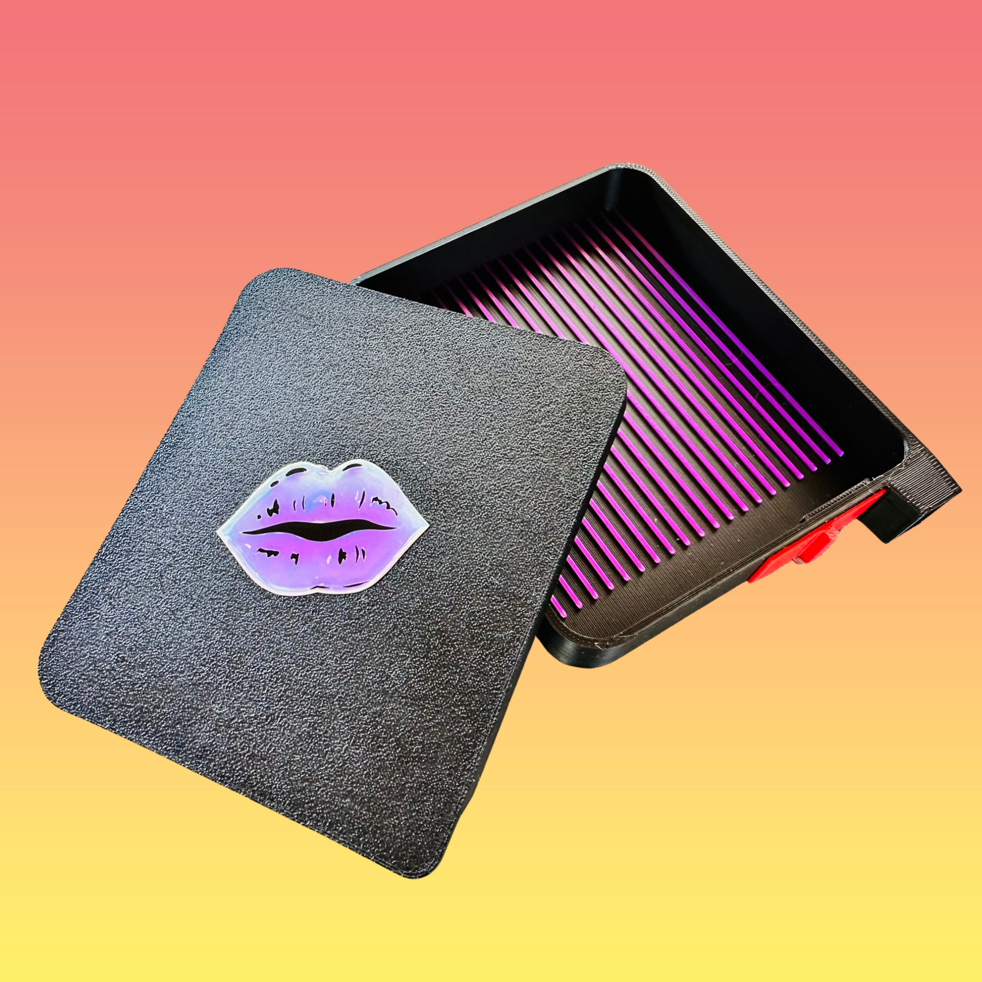 Black diamond painting tray with purple and white ombre lips on the lid